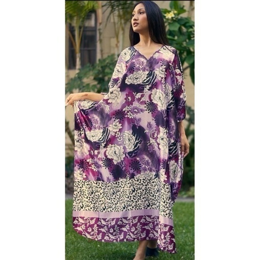 Winlar Heather Long Kaftan OSFM NWT Purple Floral Animal Print Caftan Maxi Dress - Picture 6 of 12